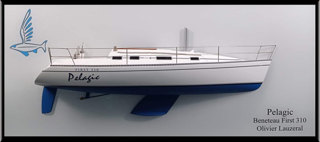 Custom Half Models - Beneteau - Beneteau First 310 custom half model with a modern white backboard - Abordage